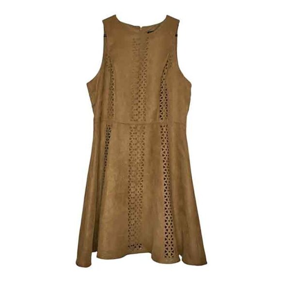 Mossimo Mini Dress Faux Suede Fit & Flare Laser Cut Camel Caramel Color Size M - Picture 1 of 9
